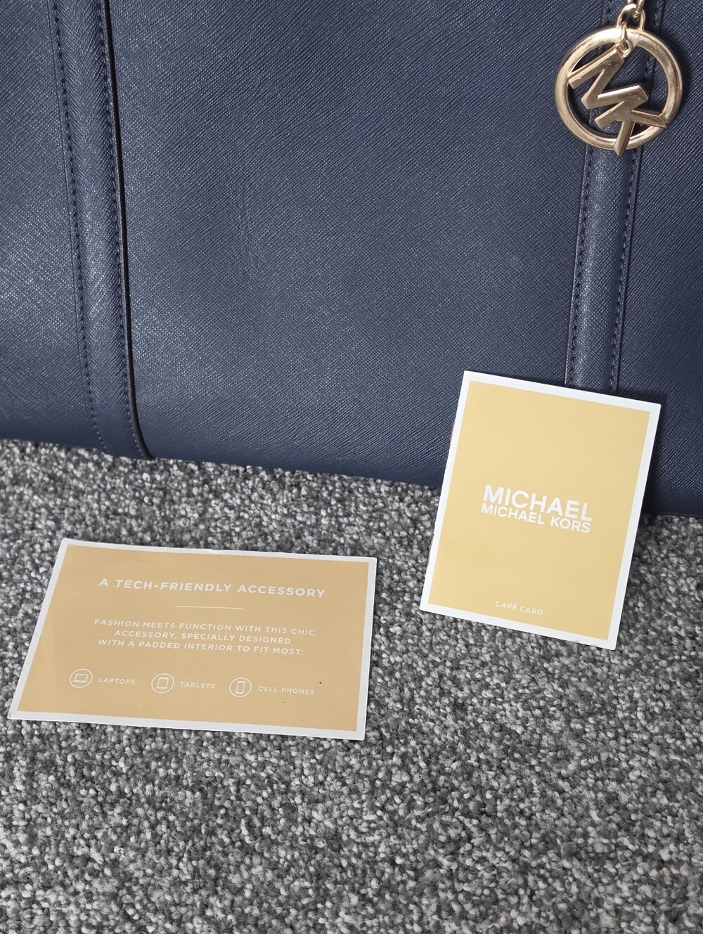 Michael Kors Navy Saffiano Leather Zip-Top Tote with Gold Charm - Picture 8 of 8